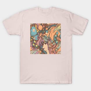 Pearl and long-haired greek mythology goddess close-up pattern T-Shirt